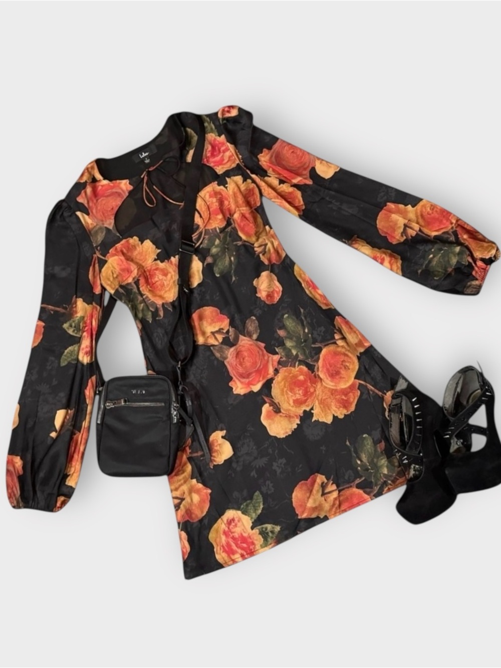 NWT Lulus Sweetie Black Floral Satin Tie-Neck Mini Dress Size Small